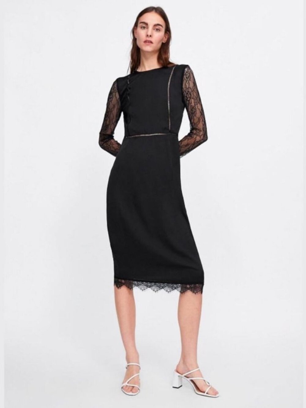 Zara Black Satin Contrast Lace Midi Dress